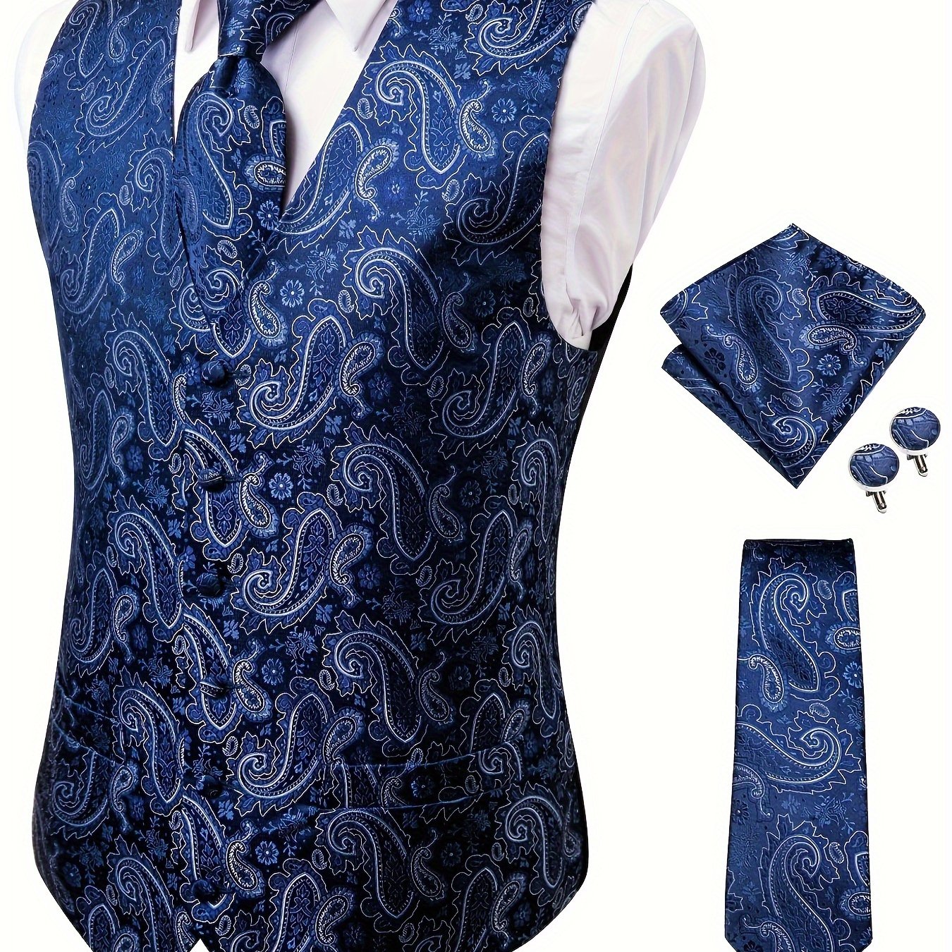 Plus Size Men's Paisley Vest Set with Necktie Hanky Cufflinks for Business Wedding Party