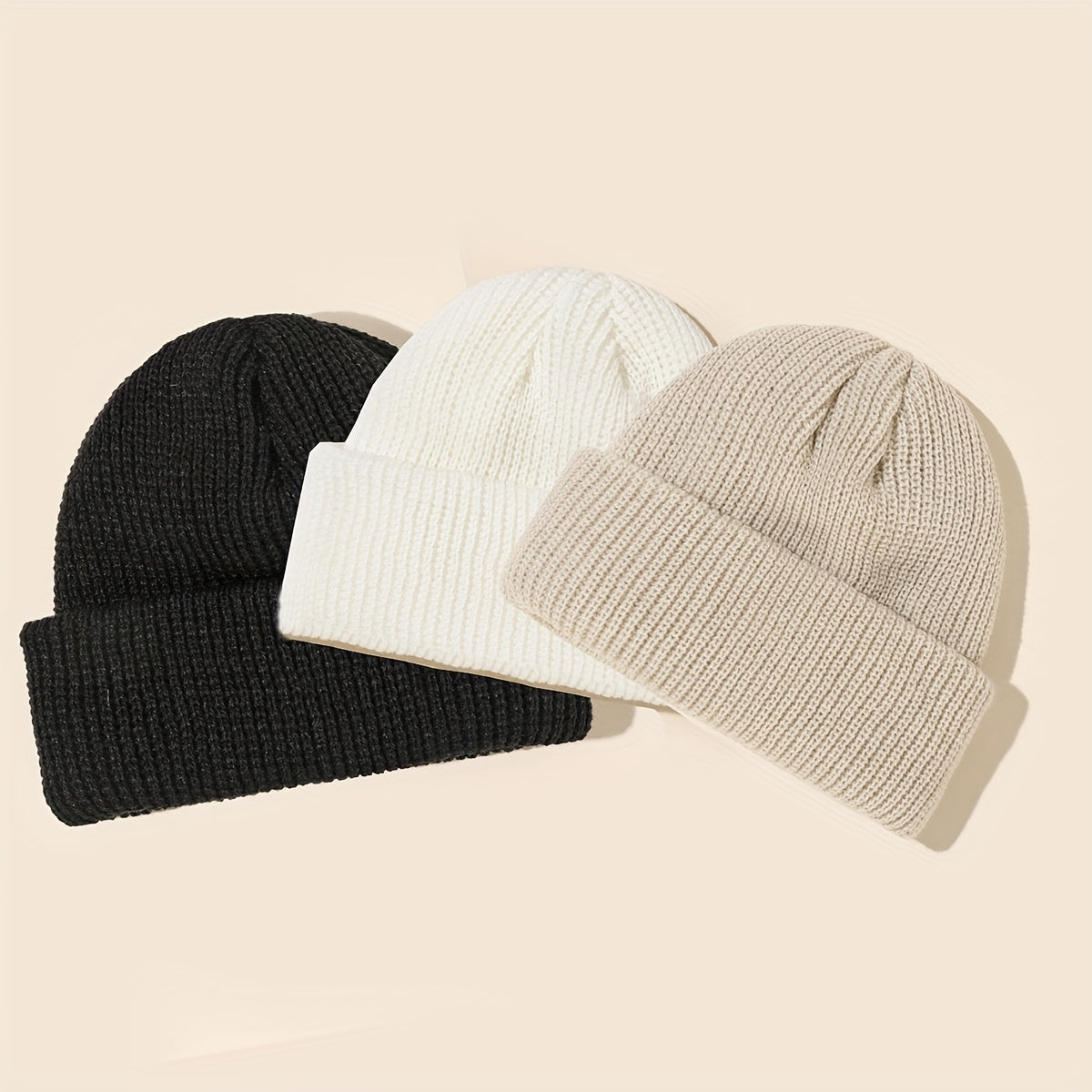 Conjunto de 3 gorros de punto con ribete de acrílico en negro, blanco y gris, unisex