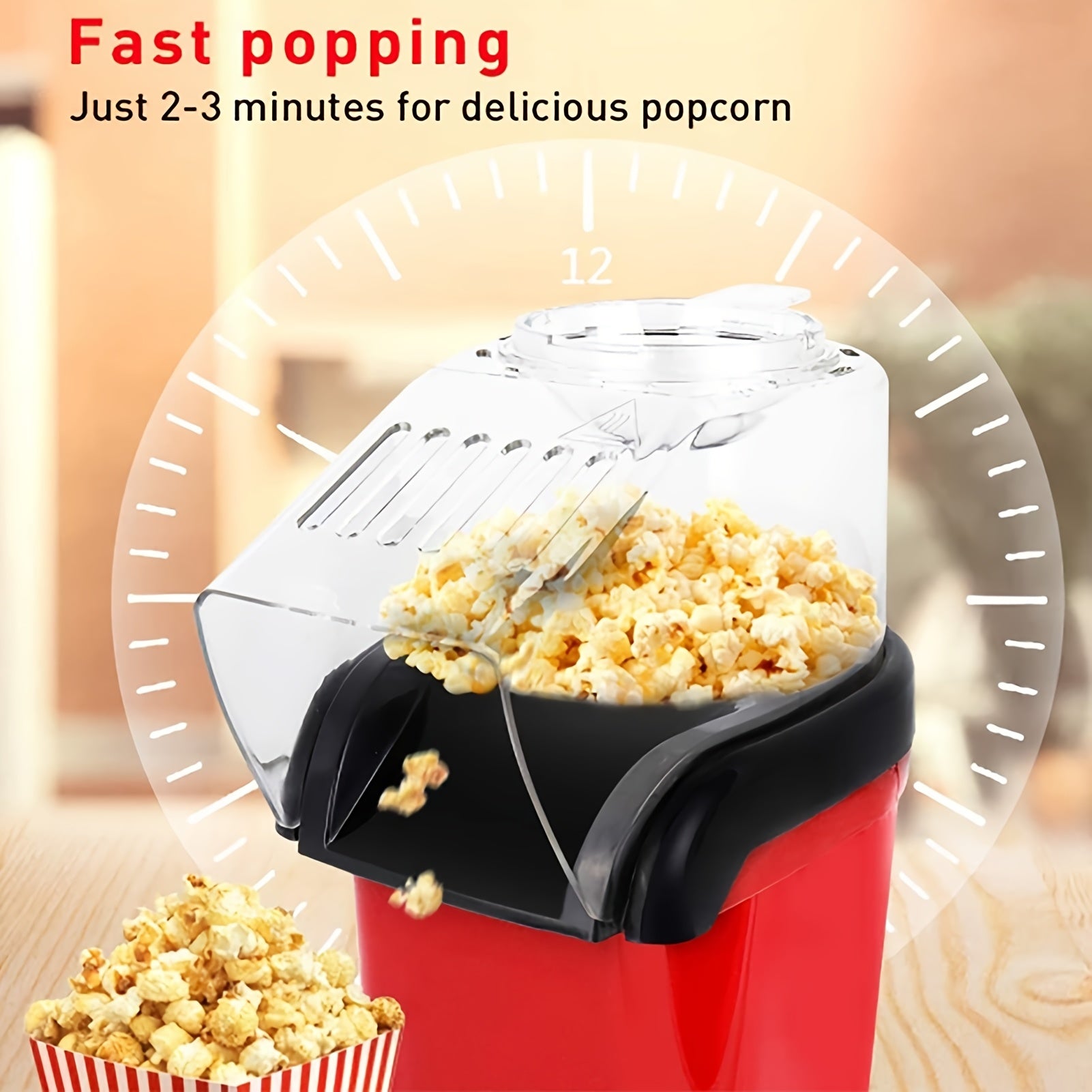 1100W yog'siz elektr popcorn tayyorlagich, shaffof konteyner va qora dozator bilan