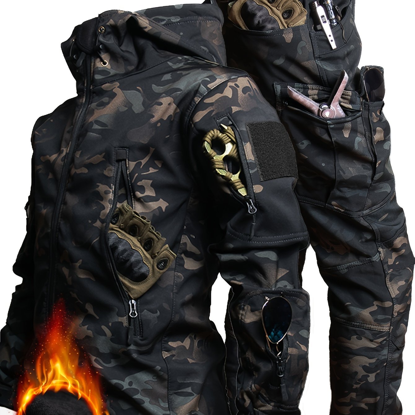 Erkaklar uchun tasodifiy kiyim to'plami, kamuflyaj va oddiy rangda, yumshoq astarli kurtka va shimlar, kuz va qish mavsumida sayr qilish va tog'ga chiqish uchun ko'p cho'ntaklar.