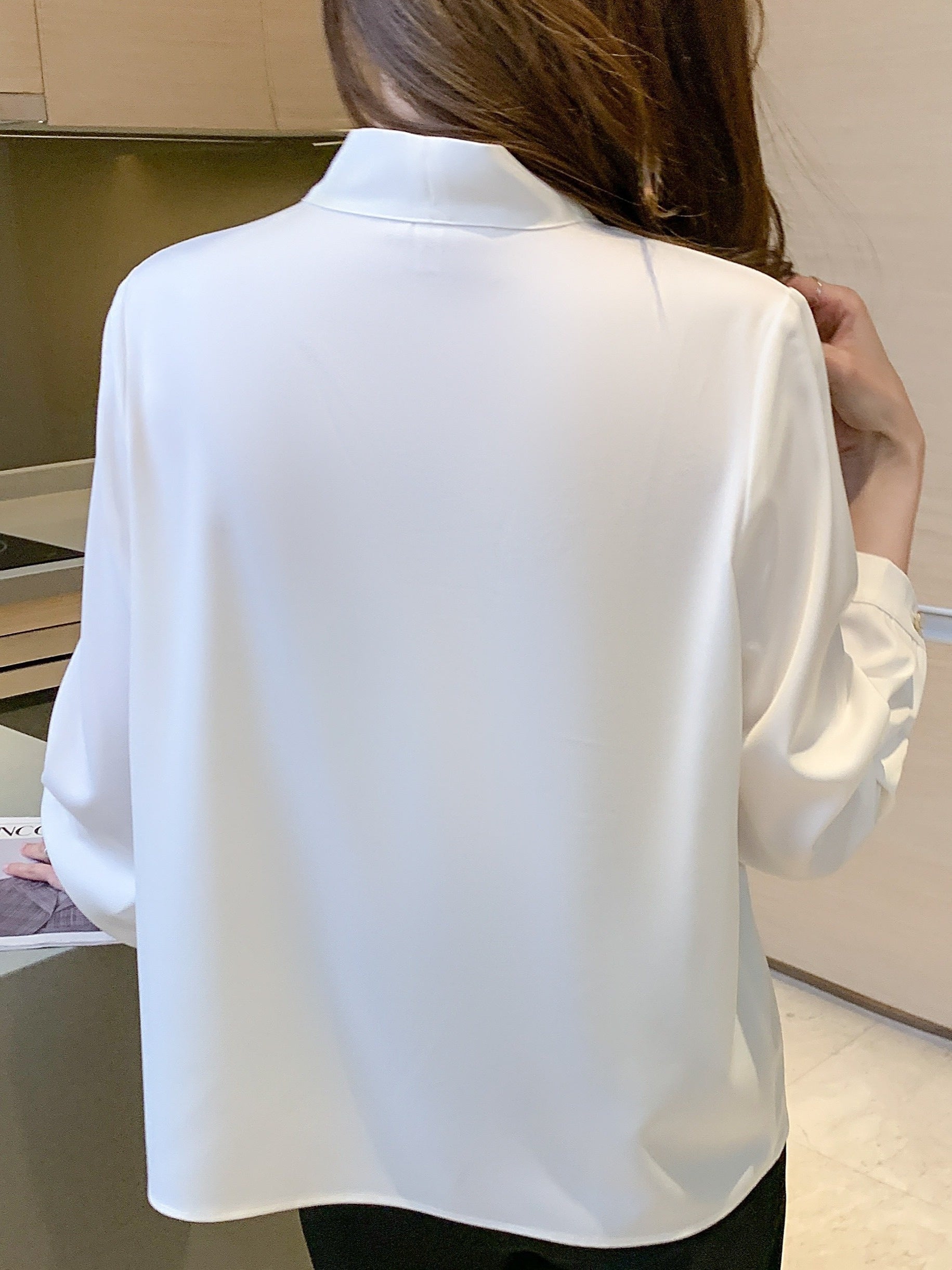 White Chiffon Blouse for Women Tie Neck Long Sleeve Solid Dressy Casual