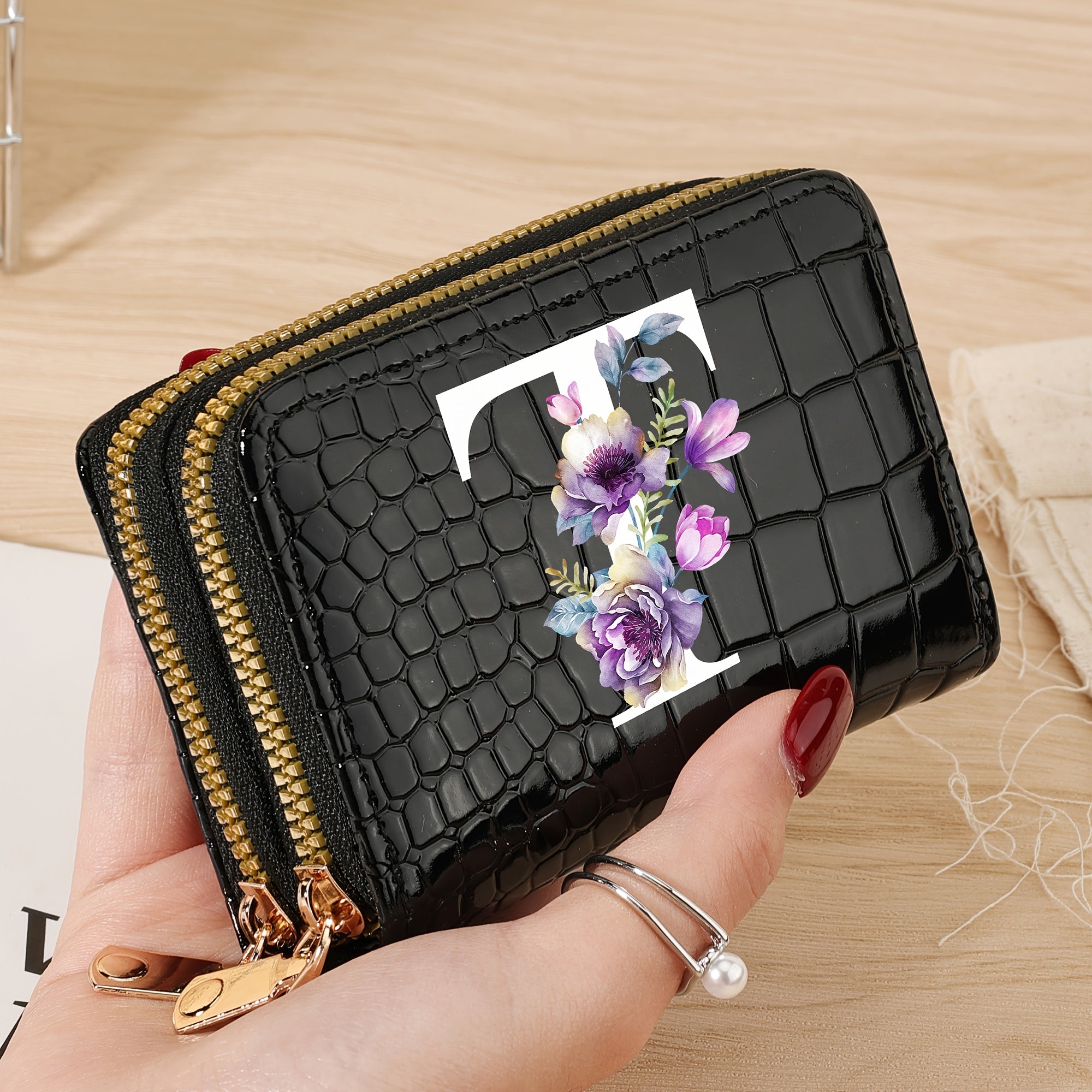 Minimalist Floral Credit Card Holder with Zipper Coin Purse for School and Back-to-School Supplies