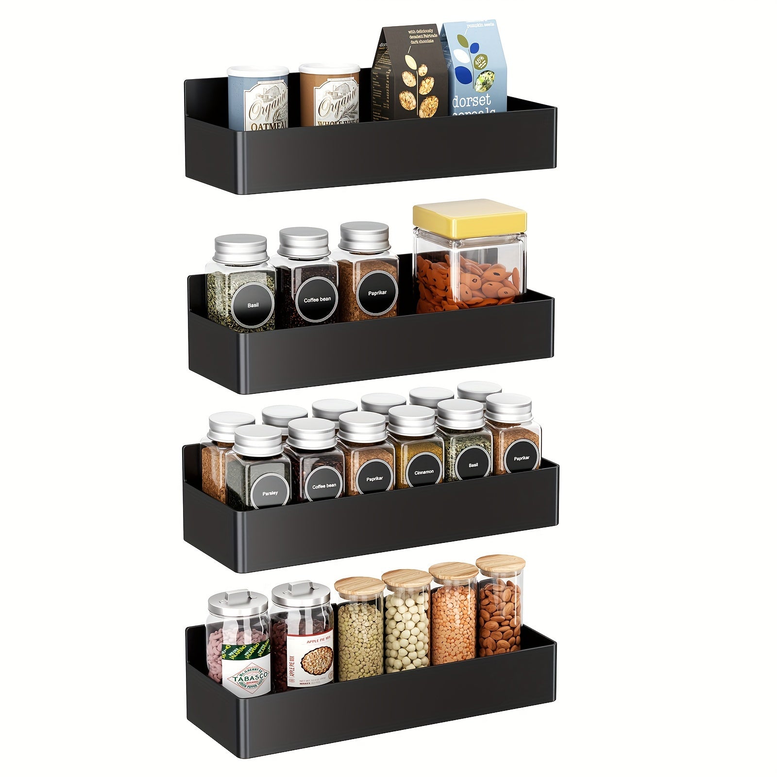 4PCS Magnetic Refrigerator Spice Racks Large Capacity Space-Saving Black