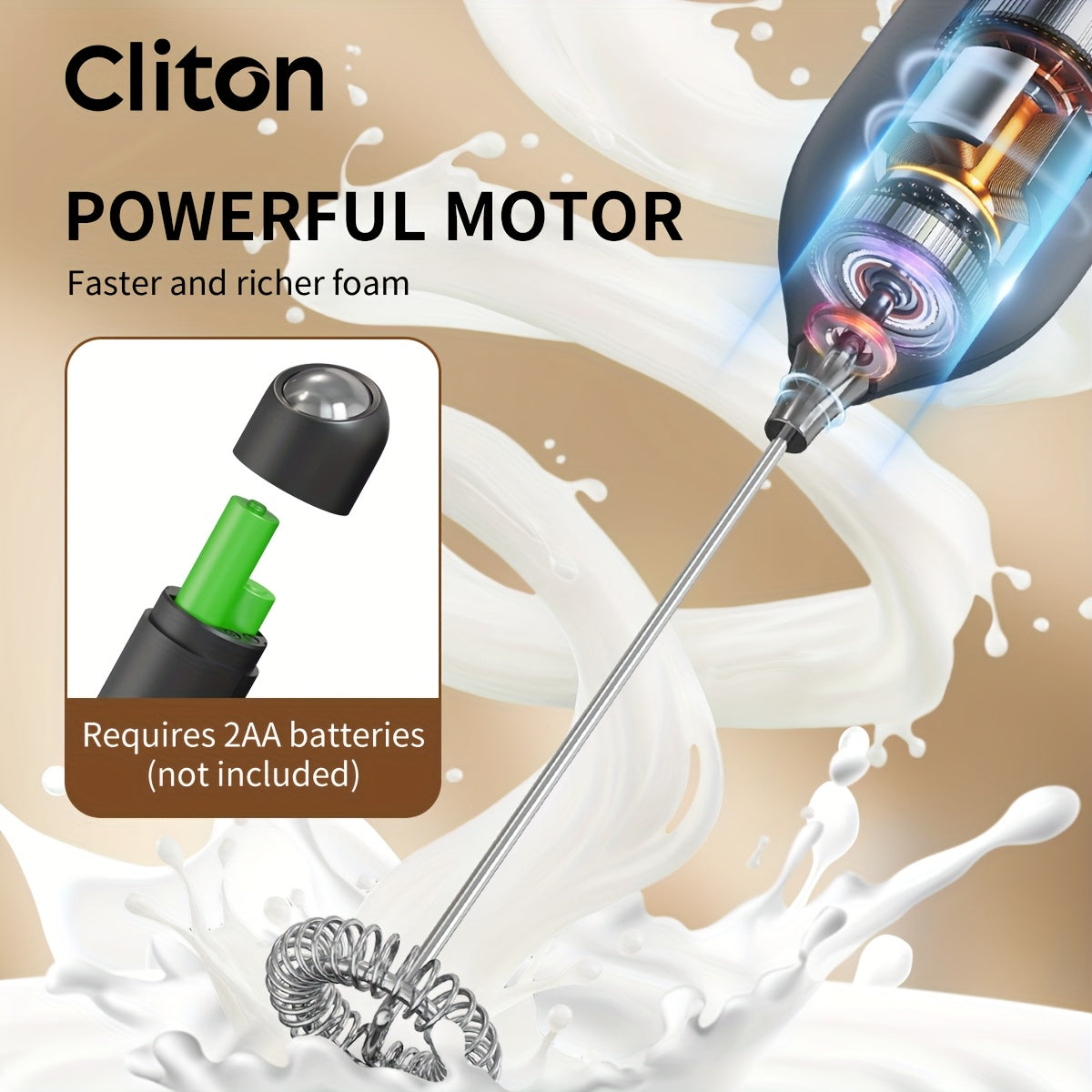 Electric Milk Frother Handheld Stainless Steel Stand Battery Powered For Coffee Latte