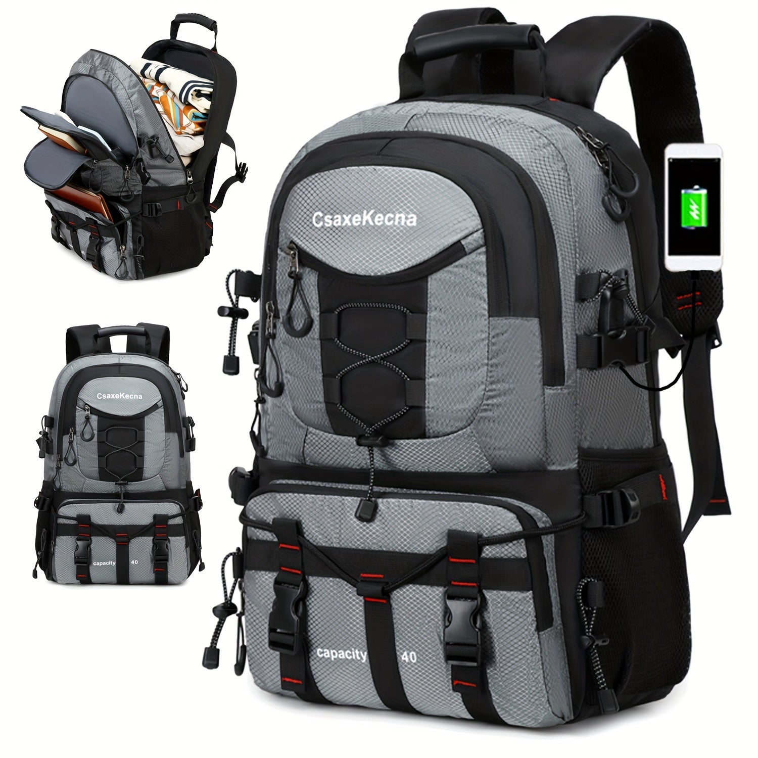 40L Hiking Backpack with Laptop Compartment USB Powered Adjustable Straps for Men and Women