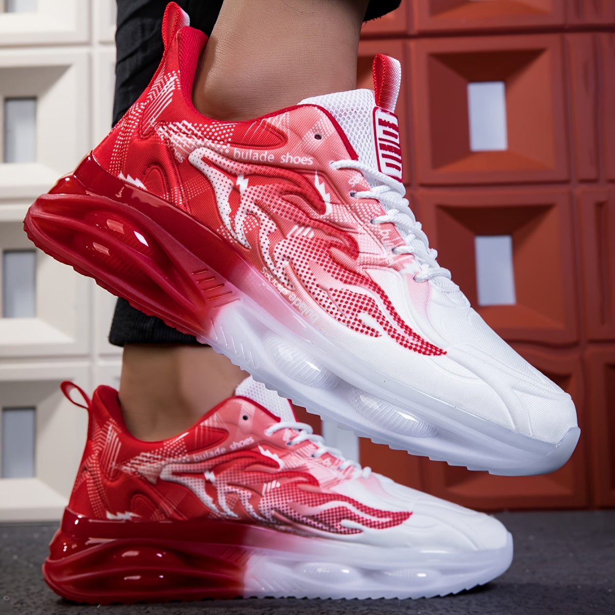 Men's Athletic Sneakers with PVC Sole Breathable Fabric Upper Flame Motif Casual Outdoor