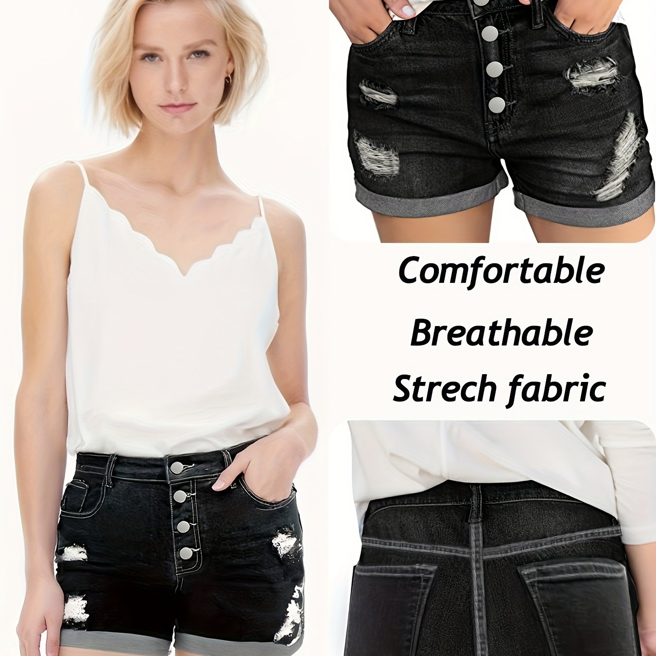 Women's Plus Size Black Distressed Denim Shorts Ripped Rolled Hem