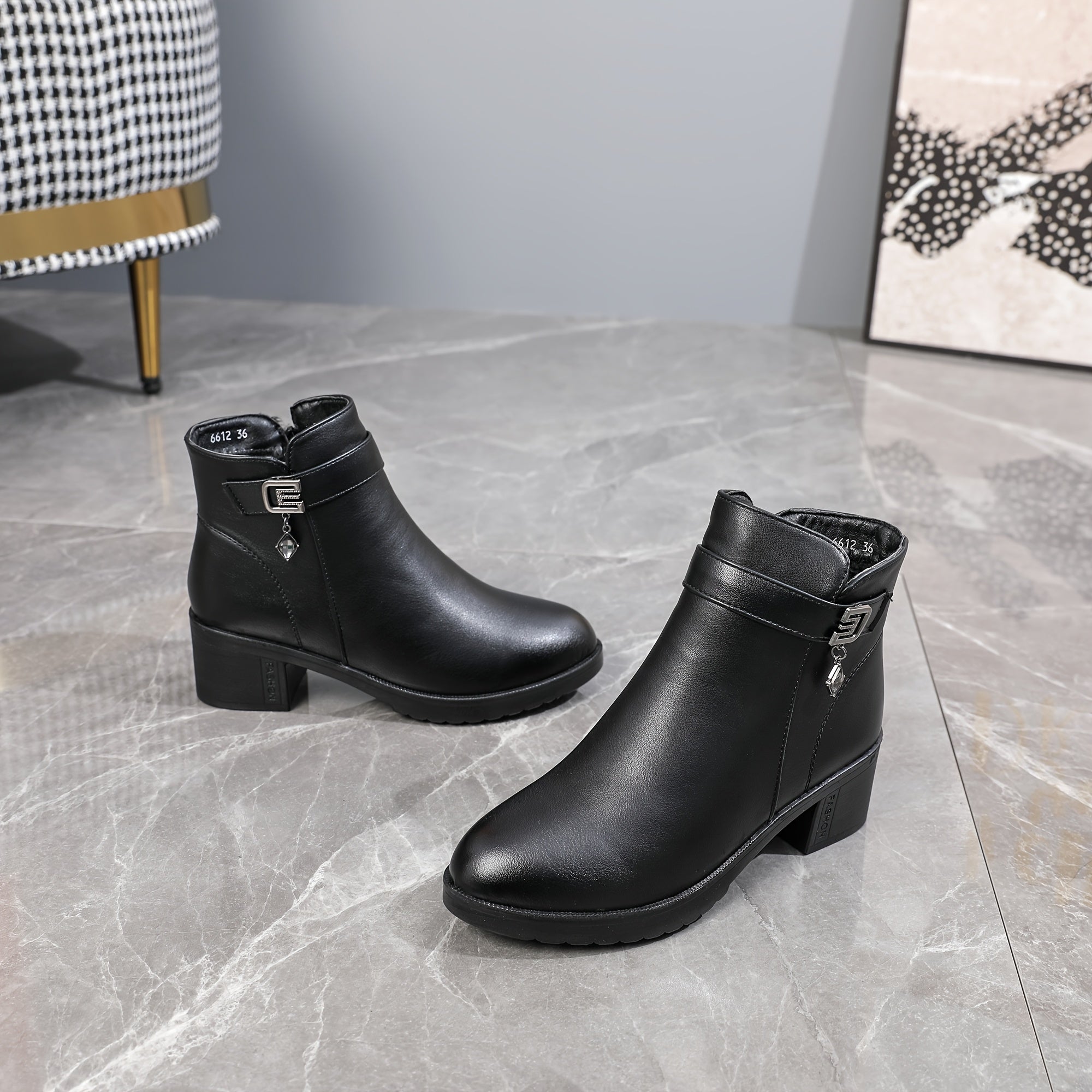 Women's Faux Plush Mid-Heel Winter Boots with Zipper and Non-Slip Sole