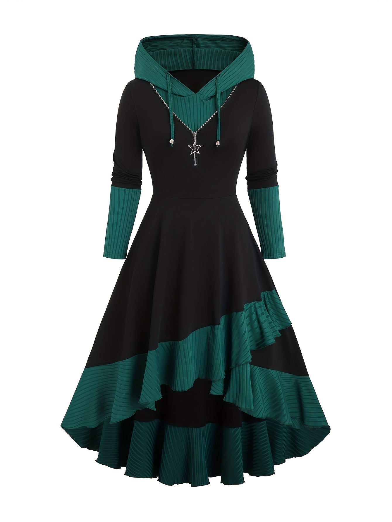 Plus Size Long Sleeve Hooded Dress with Color Block Vintage Style for Spring and Fall