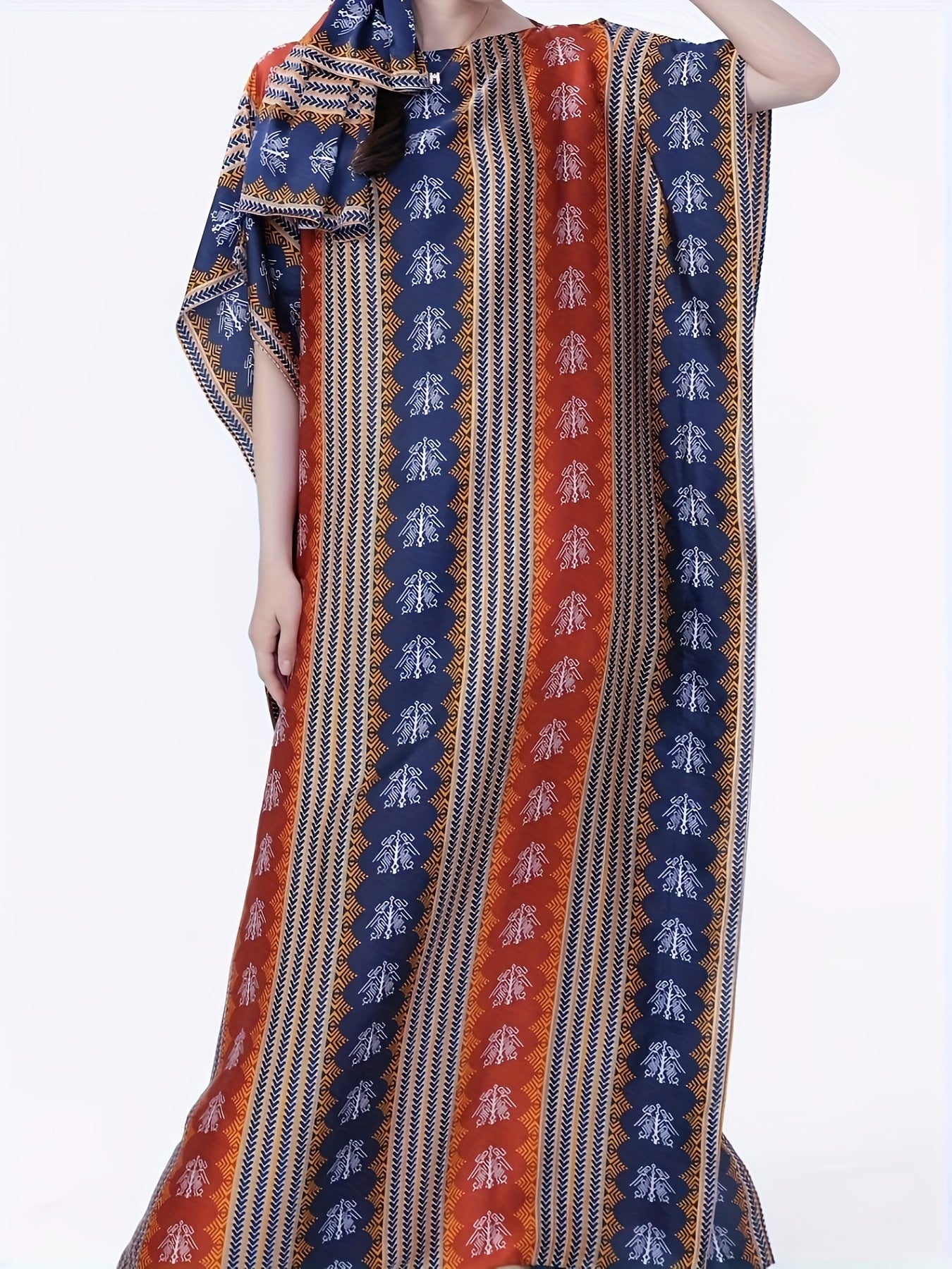 Vestido caftán con estampado geométrico para mujer con bufanda, ajuste holgado, para todas las estaciones, marrón y blanco