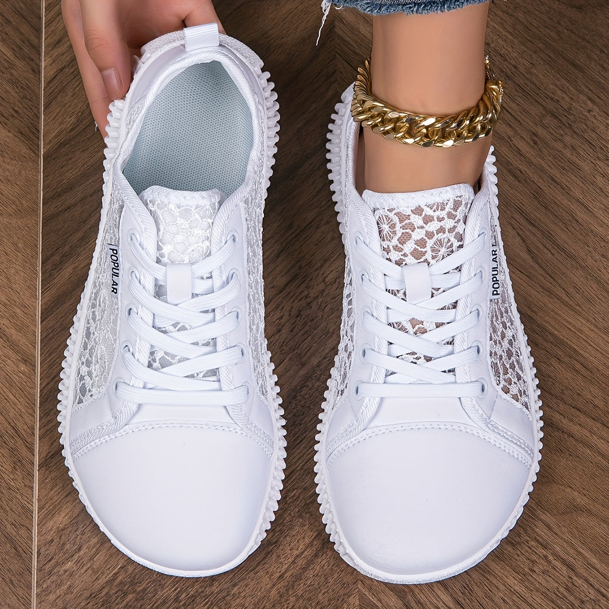 Женские кроссовки на весну/лето из сетки и кружева, широкая посадка, дышащая резиновая подошва