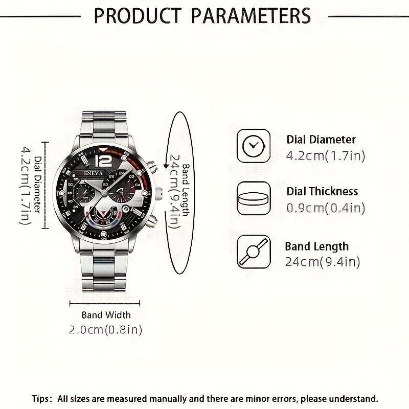 Men's Stainless Steel Watch Set with Calendar and Accessories