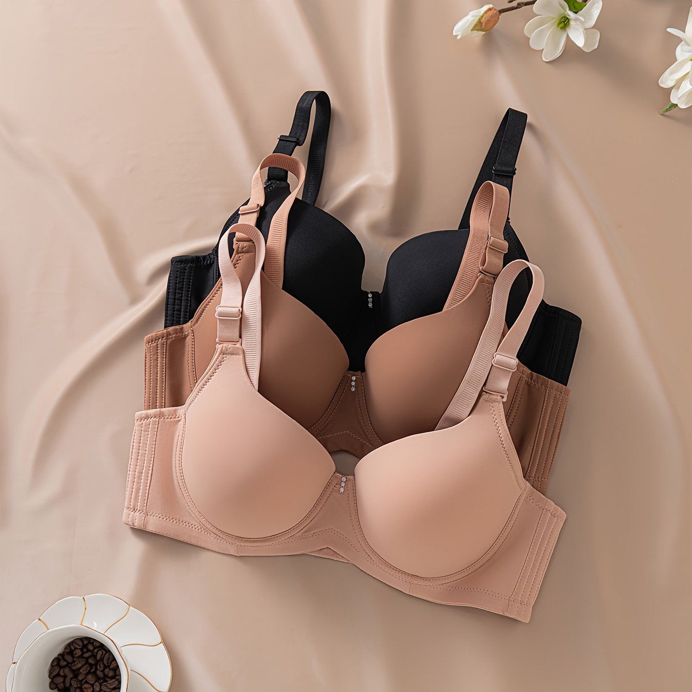 Pack de 3 sujetadores para mujer de tamaño grande, mate, sin marcas, con centro brillante y diamantes