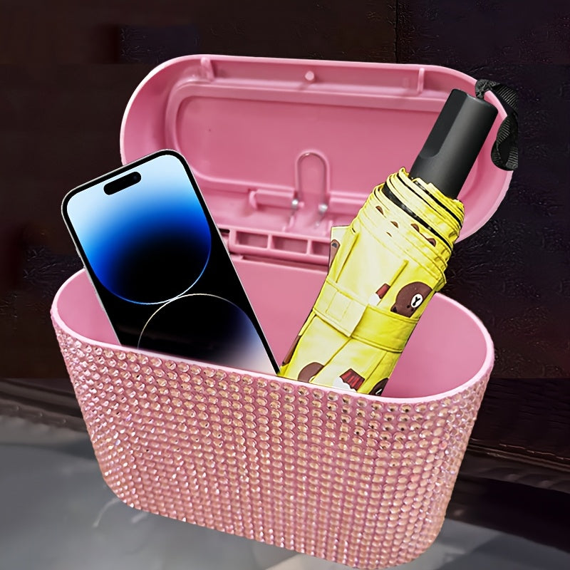 Car Interior Hanging Trash Can with Artificial Rhinestone Inlay Multi-Functional Storage