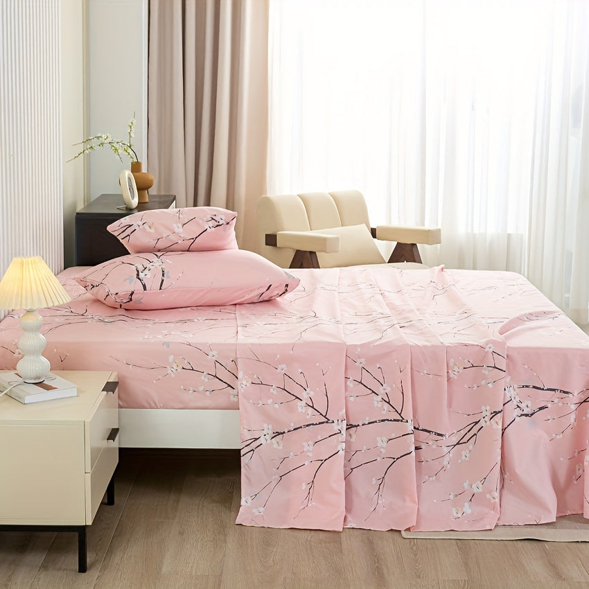 Floral Branch Microfiber Fitted Sheet Set with Deep Pockets and Pillowcases