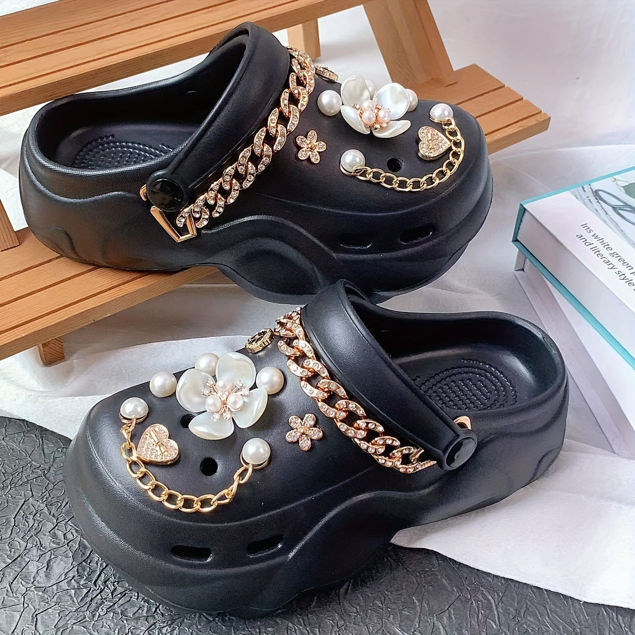 Women EVA Sandals Flat Heel Lightweight Breathable with Faux Pearl