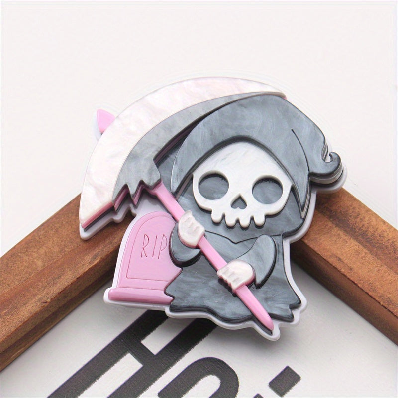 Halloween Costume Accessory Brooch, Grim Reaper Hand Scythe and Tombstone Pin, Acrylic Halloween Jewelry