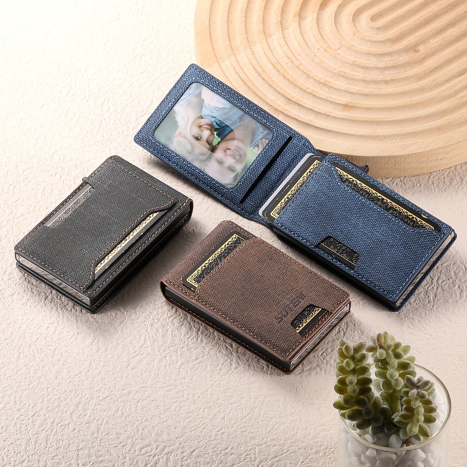 Men Women Bifold Wallet Leather Card Holder with Photo Slot in Black Brown Blue