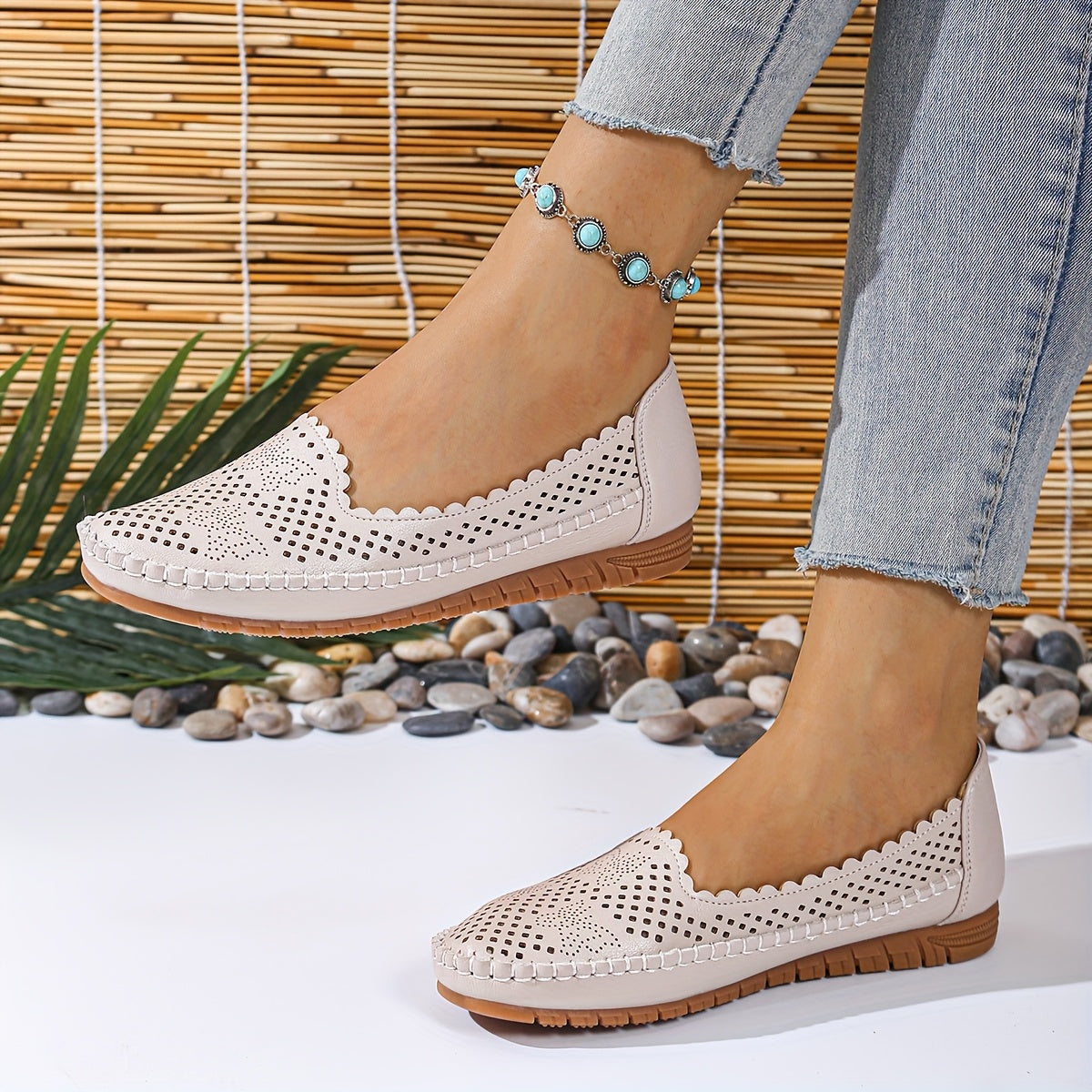 Women's Perforated Synthetic Loafers Slip-On Flats Beige White Cushioned