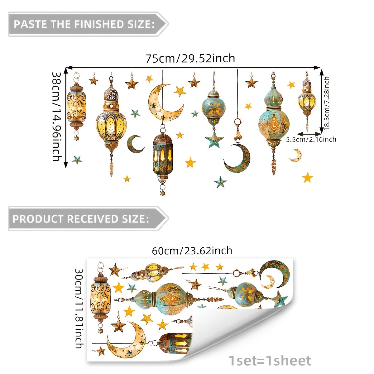 Ramazon bayrami uchun ikki tomonlama oy va yulduzlar dekori - 30.48 sm x 60.96 sm - Yotoqxona, Oila xonasi va Balkon bezatish uchun qayta ishlatiladigan PVC statik yopishqoq - Lanternlar, Shisha uchun ideal, D16013-YJ