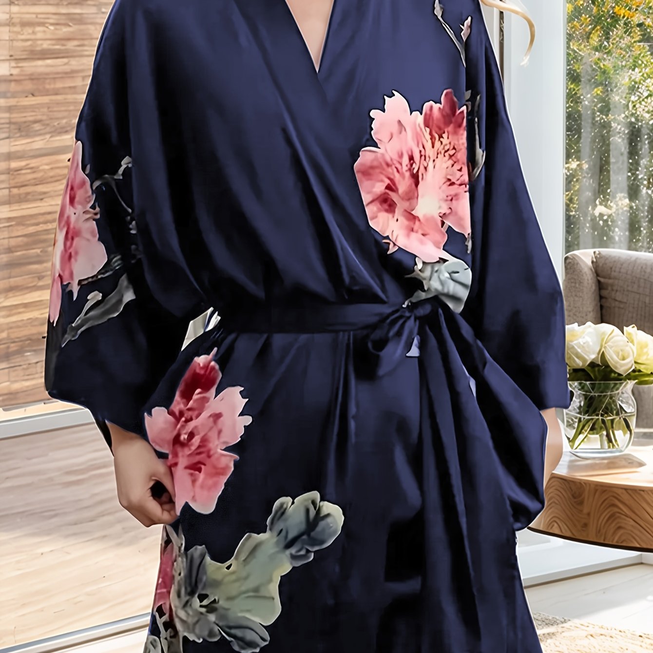 Plus Size Floral Satin Robe for Women Long Sleeve V-Neck Lounge Wear
