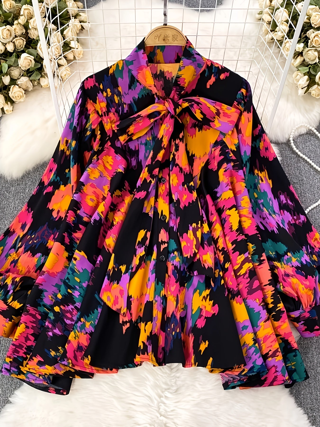 Plus Size Women's Oversized Shirt Abstract Print Lantern Sleeves Casual Wear
