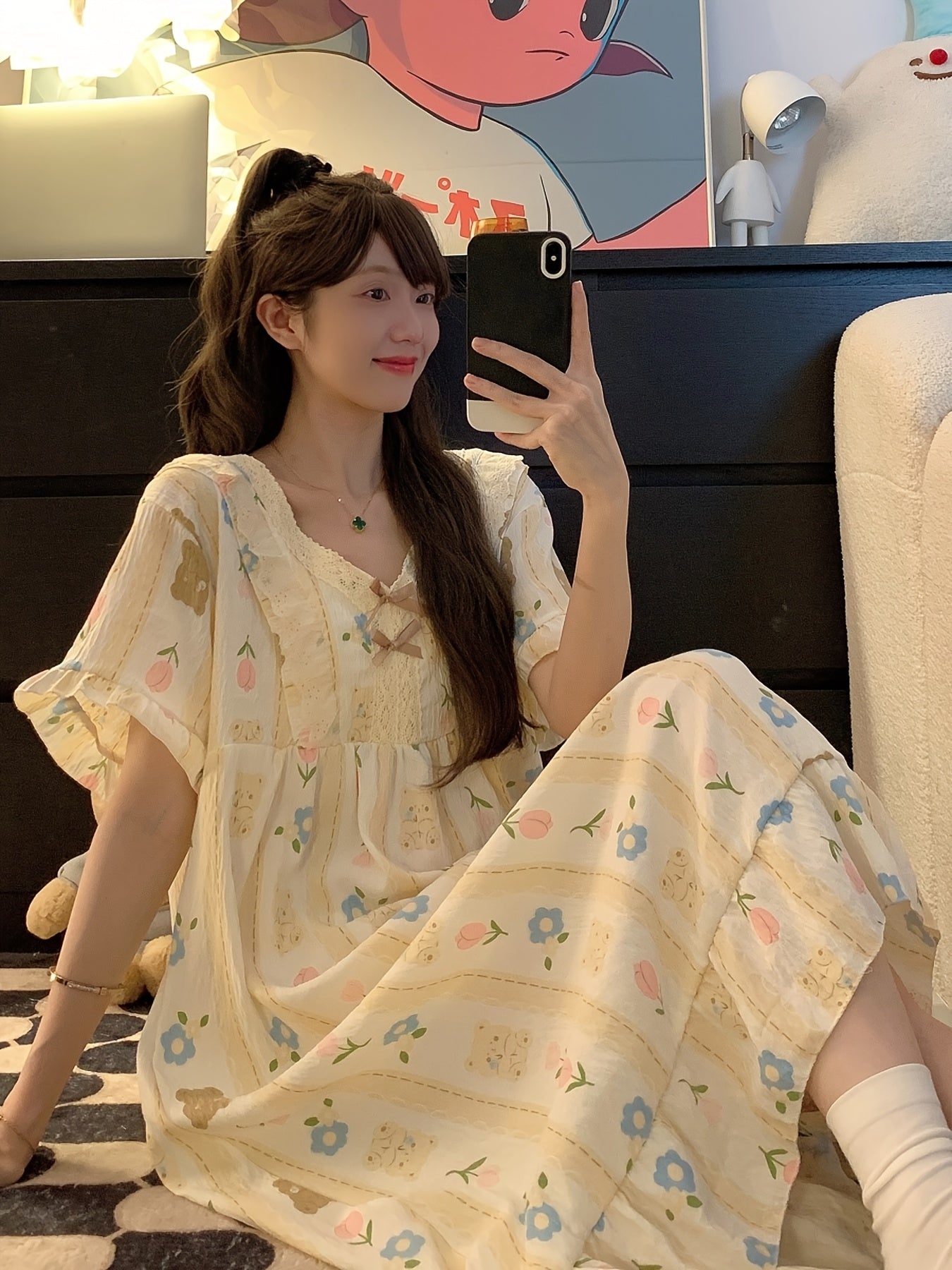 Plus Size Slit-Fit Nightgown with V-Neck Cotton Pajama with Bear Print