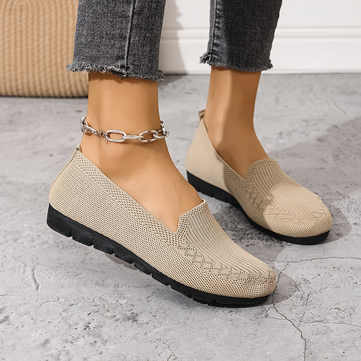 Women's Knit Slip-On Loafers Breathable Red All-Season Shoes