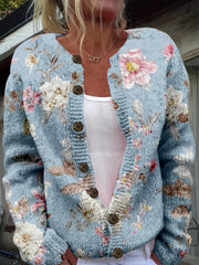 Plus-Size Floral Print Cardigan Long Sleeve Open Front Sweater for Spring Autumn