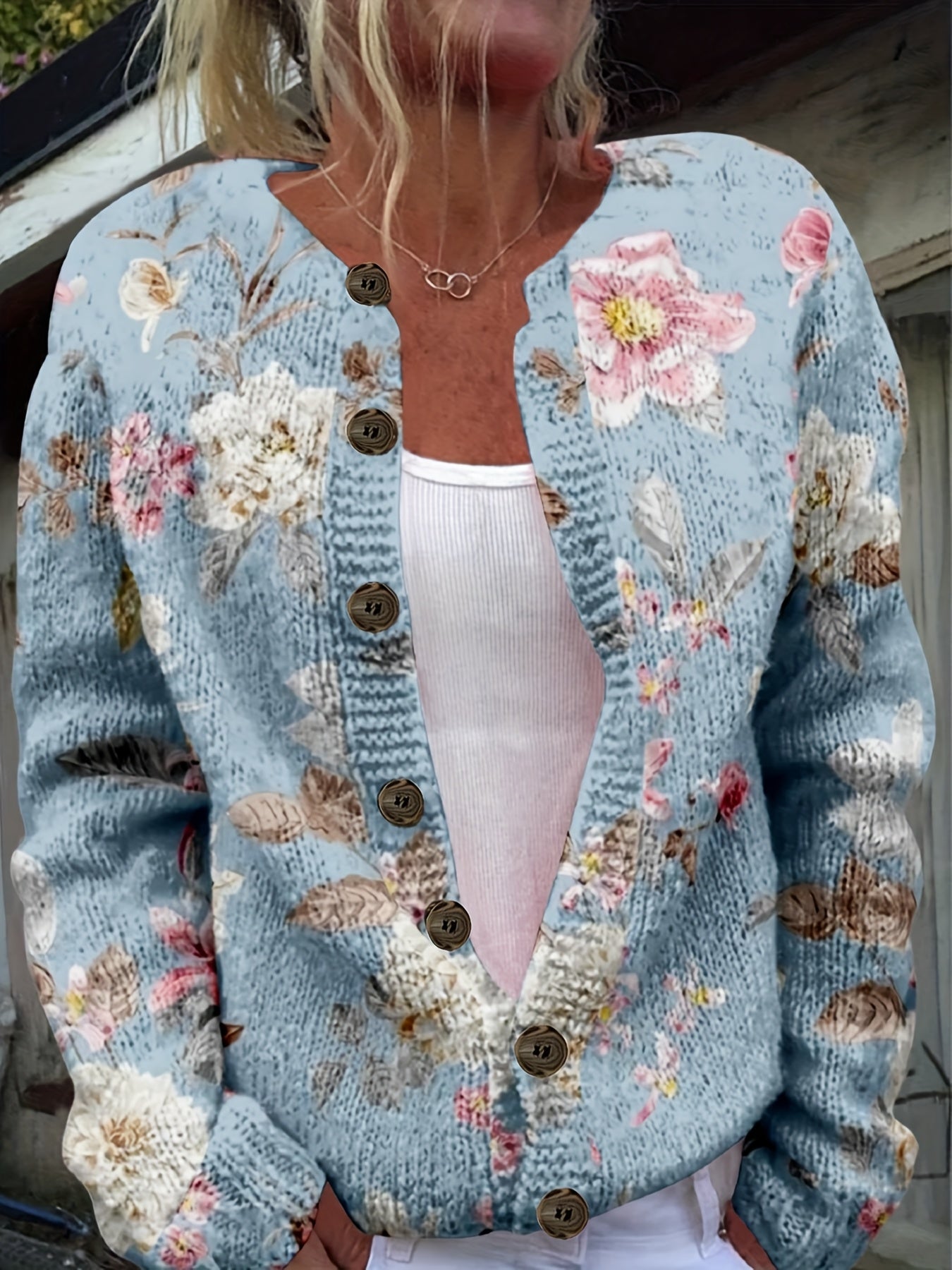 Plus-Size Floral Print Cardigan Long Sleeve Open Front Sweater for Spring Autumn