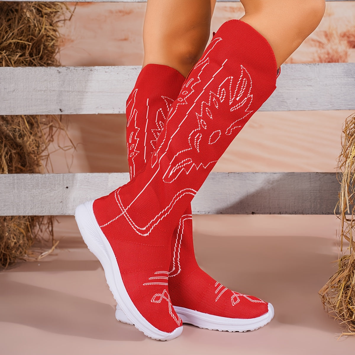 Women's Knee-High Winter Boots Fabric Snowflake Heel Cold Weather Footwear