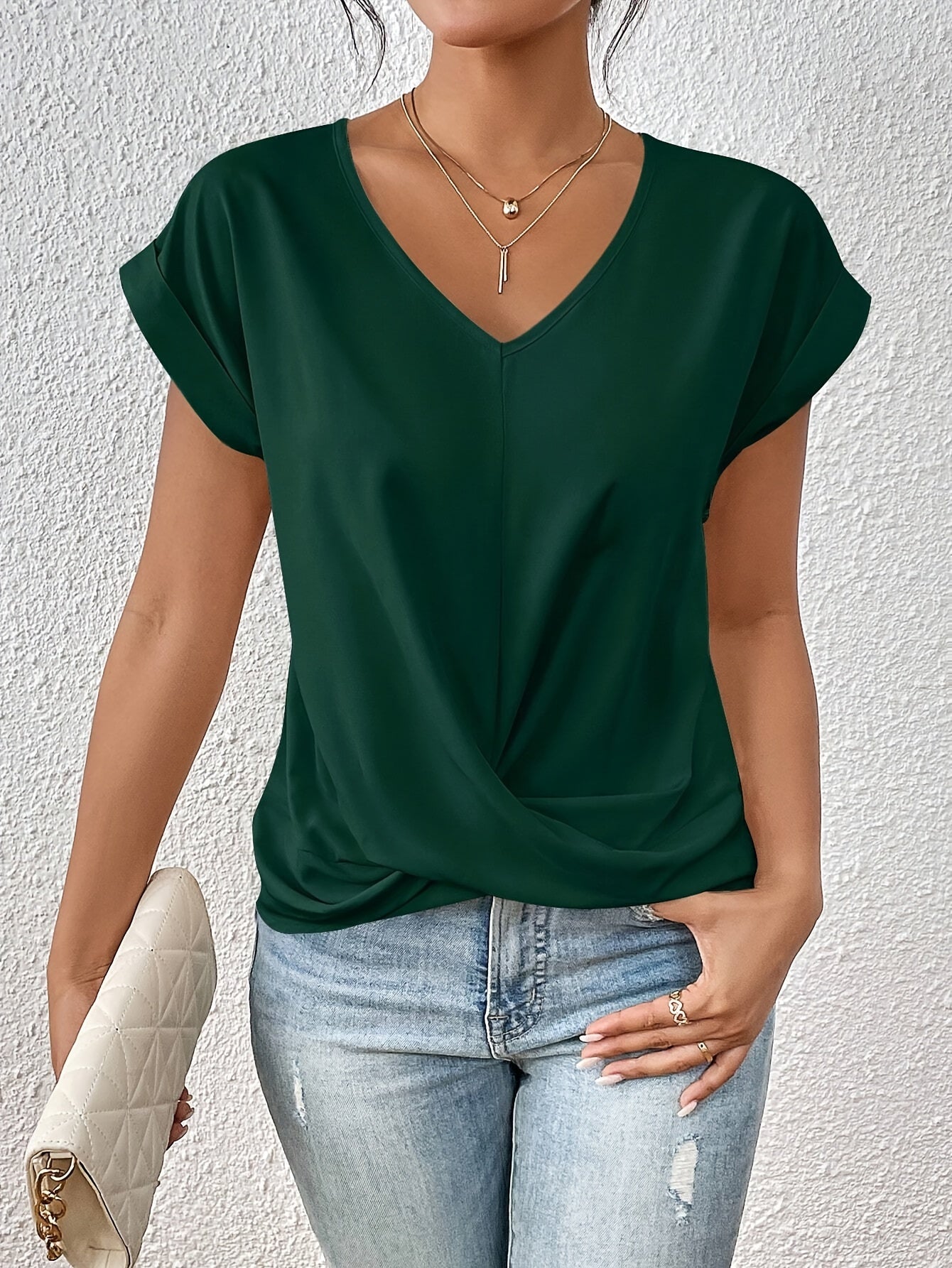 Camiseta de manga corta para mujer de poliéster de color sólido para verano casual con micro elasticidad
