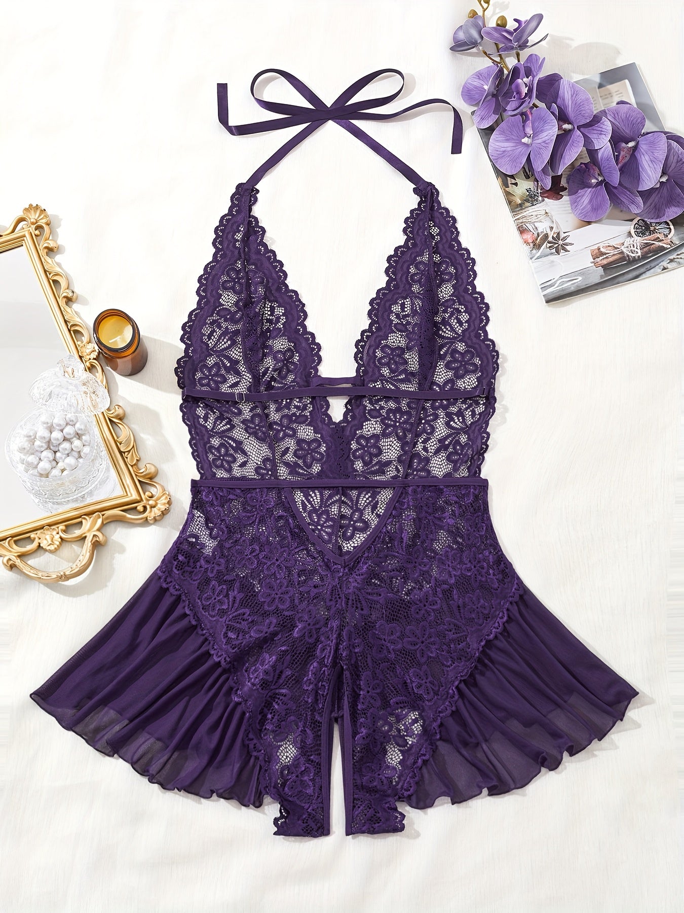 Women's Lace Open Back Deep V Bodycon Dress Dark Purple See-Through