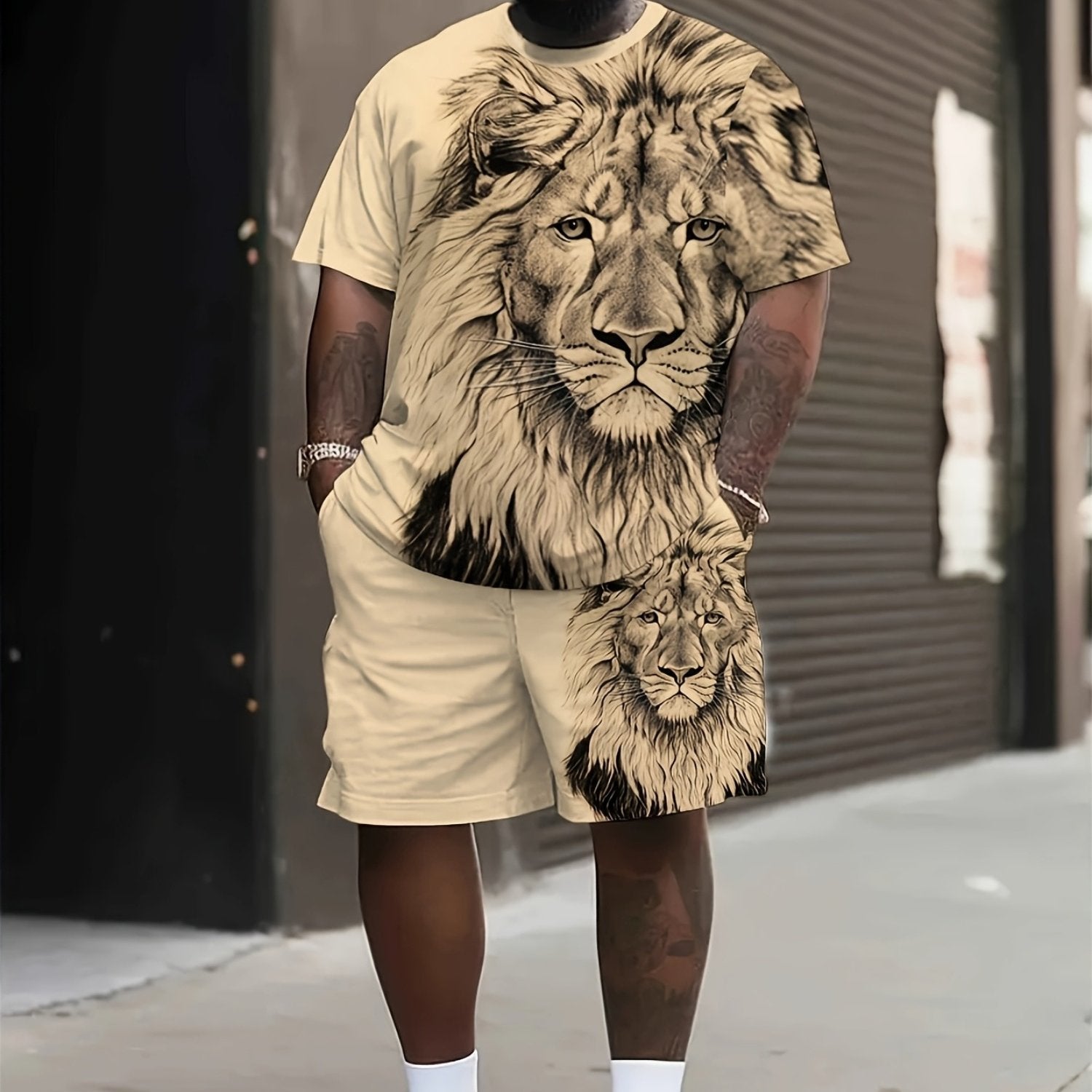 Men's Plus Size Lion Print T-Shirt and Shorts Set Summer Casual Knit Fabric