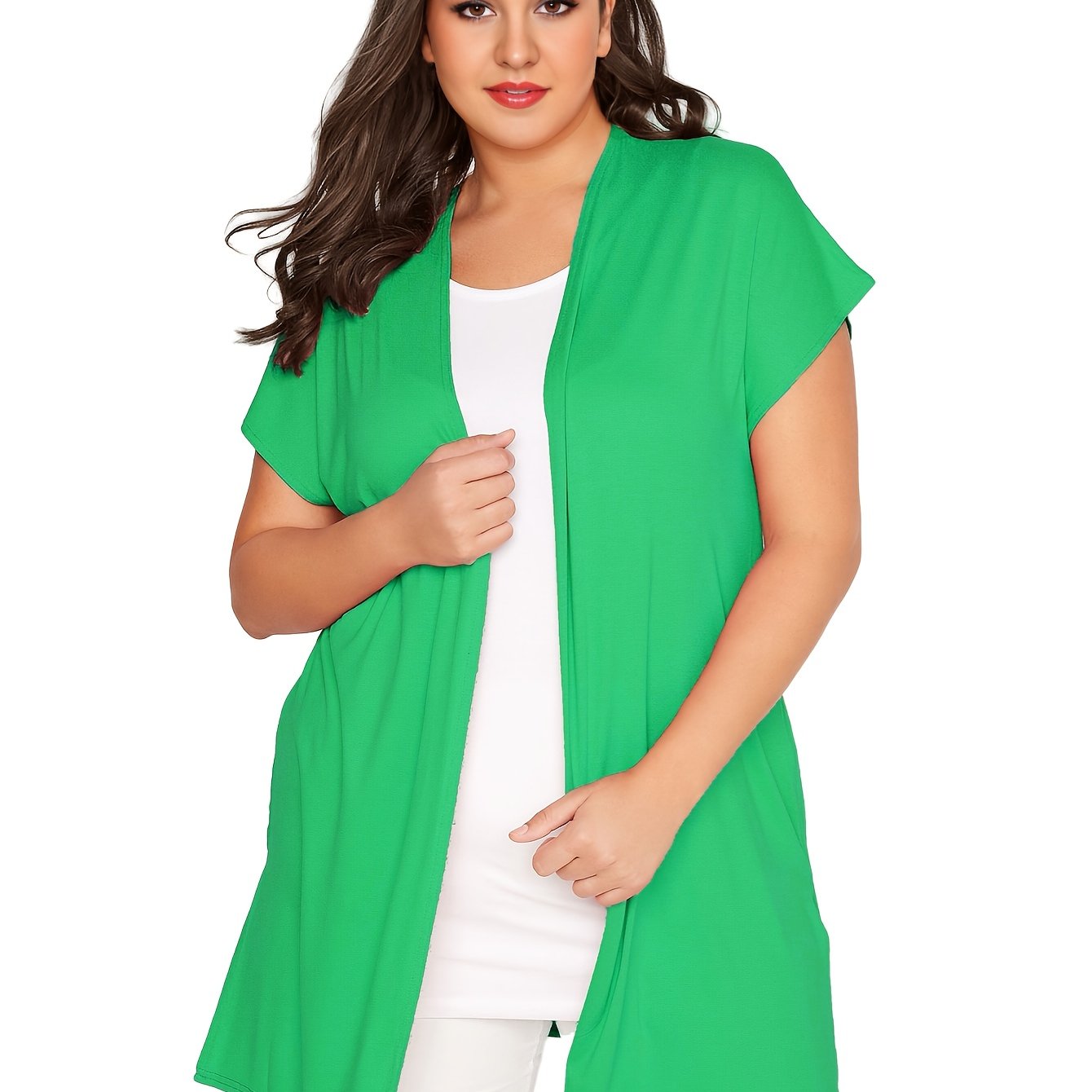 Plus o'lchamdagi ayollar uchun kundalik kardigan qisqa qo'lli va yon bo'laklar bilan