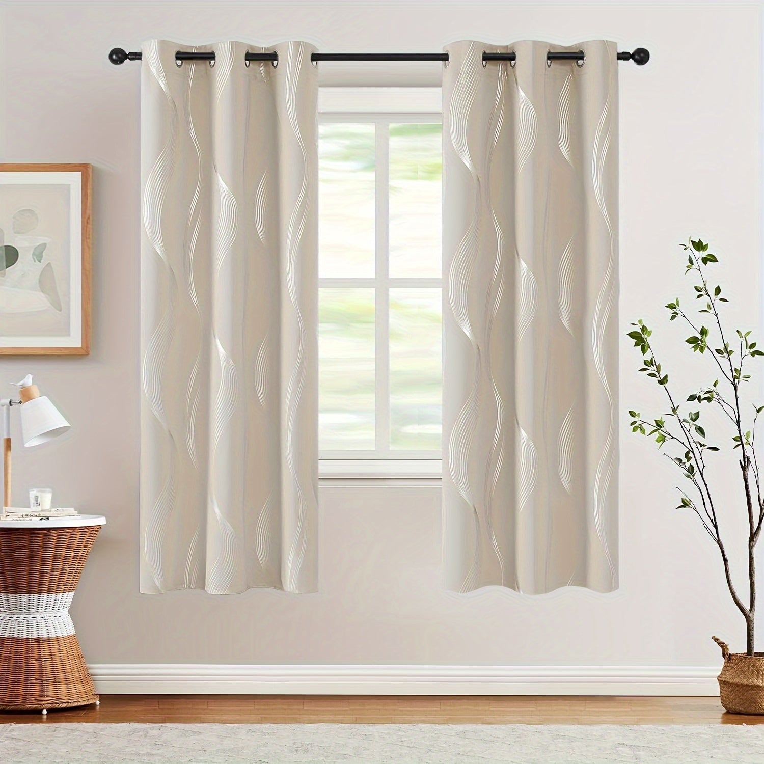 Contemporary Blackout Curtains 2 Pieces Woven Polyester Grommet Top Room Darkening