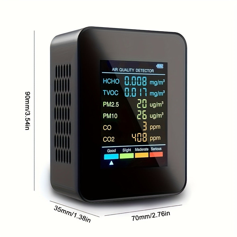 6-in-1 Air Quality Monitor with Large LCD Display, USB Rechargeable, Compact for Home Office