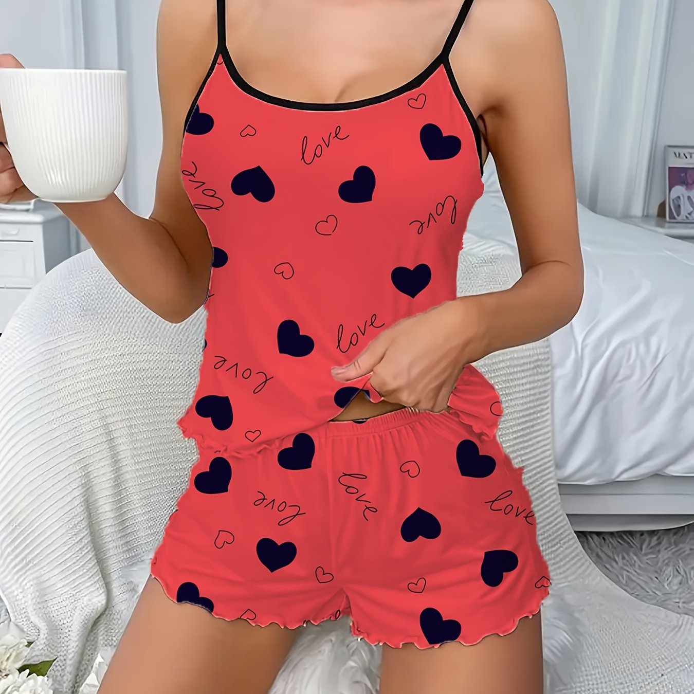 Women's Sleepwear Set Heart Print Frill Trim Backless Cami Top Elastic Shorts