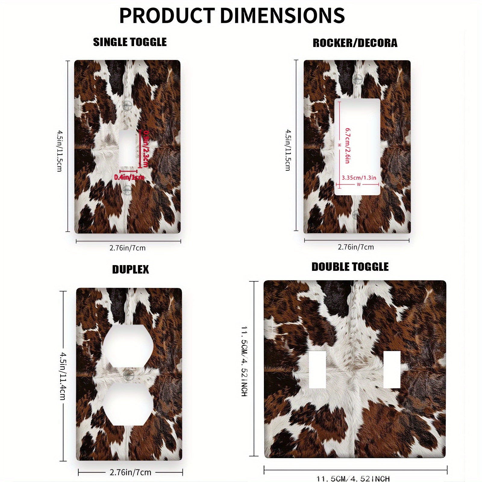 Placa de pared con patrón de cuero de vaca para uso en interiores y exteriores. Compatible con 1-2 enchufes en dormitorio, cocina, baño