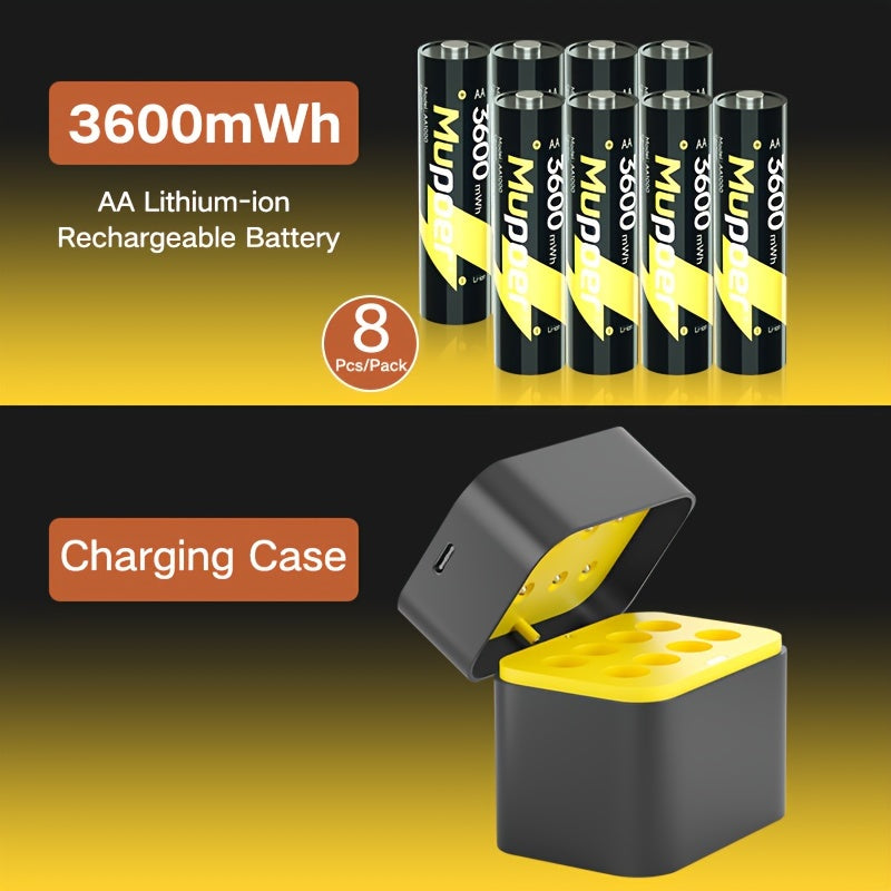 8-Pack Rechargeable AA Lithium Polymer Batteries with Smart Charger and Storage Case