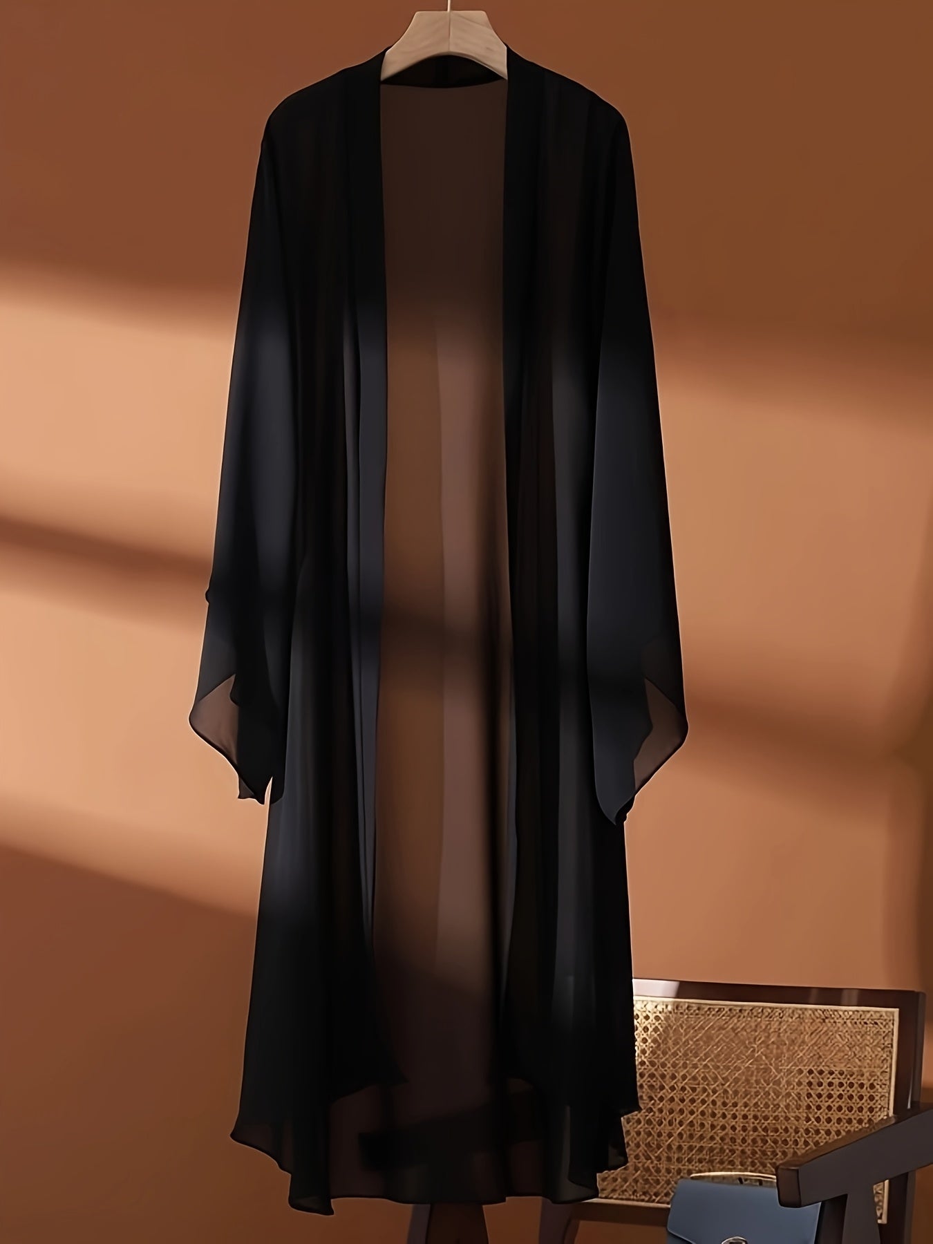 Plus Size Long Sheer Kimono Cardigan Polyester Knit Solid Color Lightweight Casual