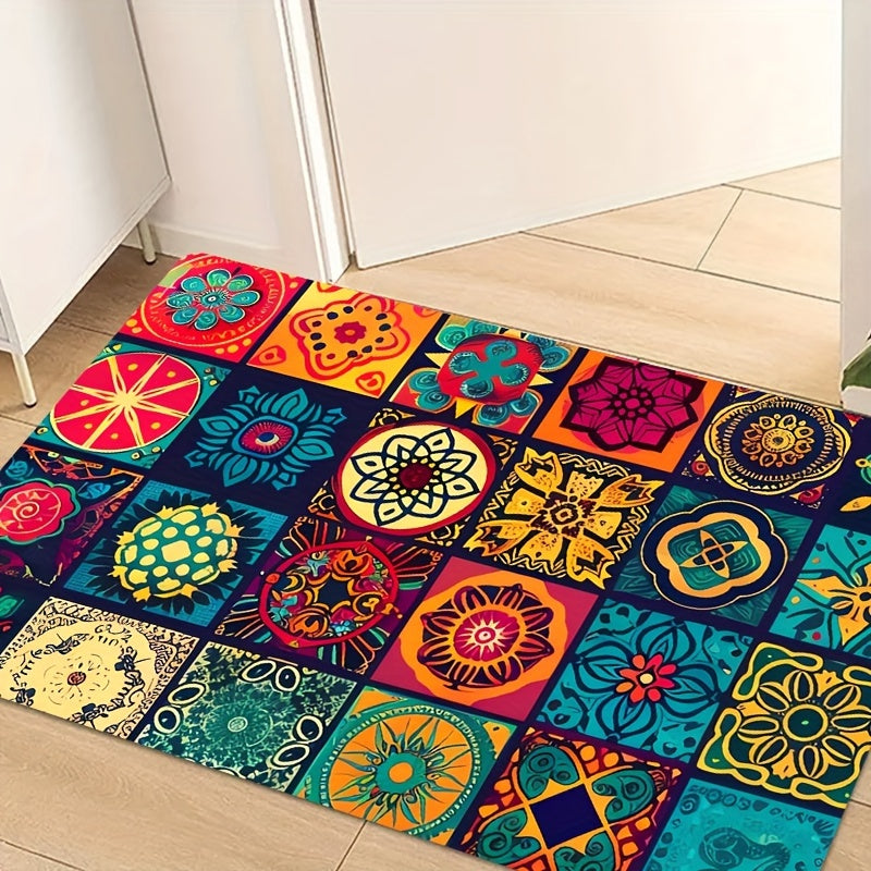 Bohemian Square Floor Mat Non-Slip 8mm Thick Polyester Indoor Outdoor