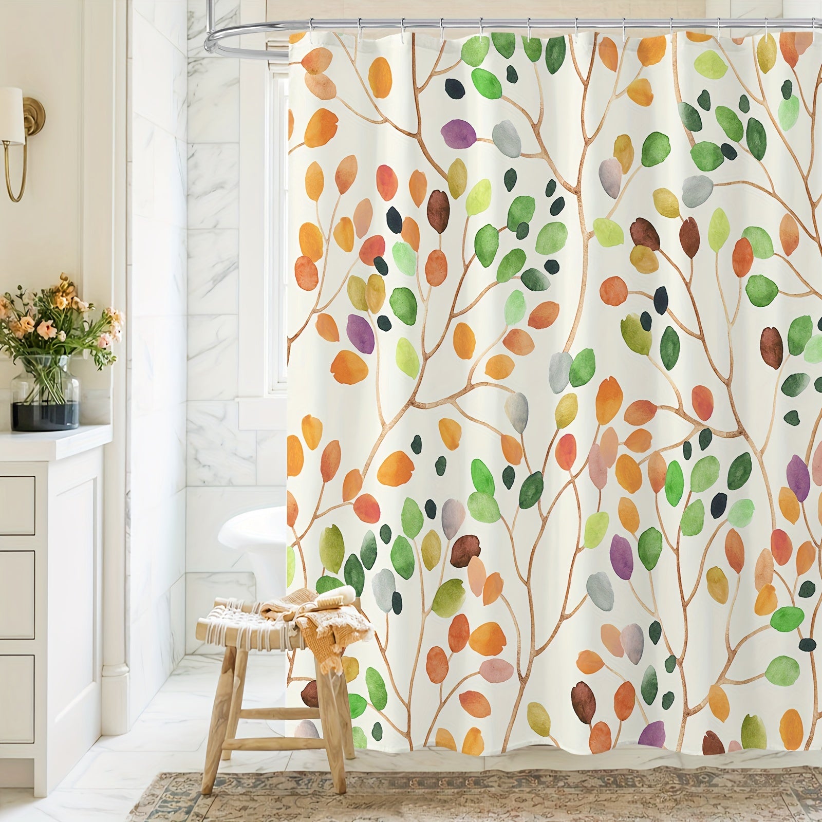 Plants Print Waterproof Shower Curtain with Hooks Decorative Bathroom Accessory