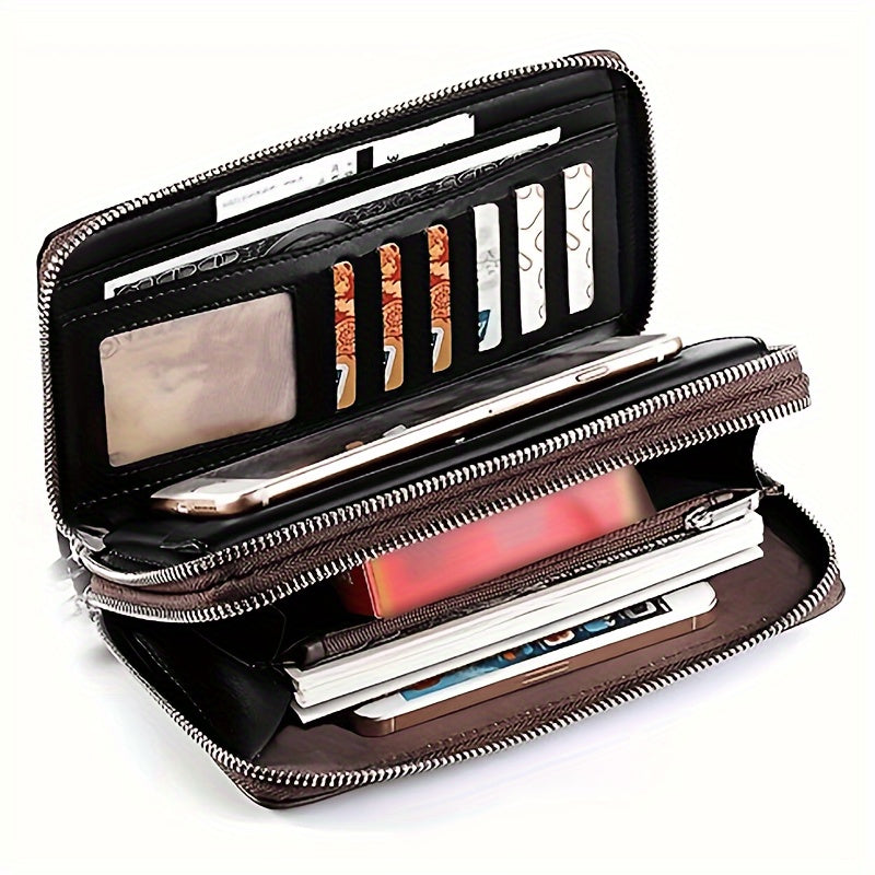 Men's Faux Leather Long Wallet with Zipper, Business Clutch Bag for Mobile Phone and Essentials