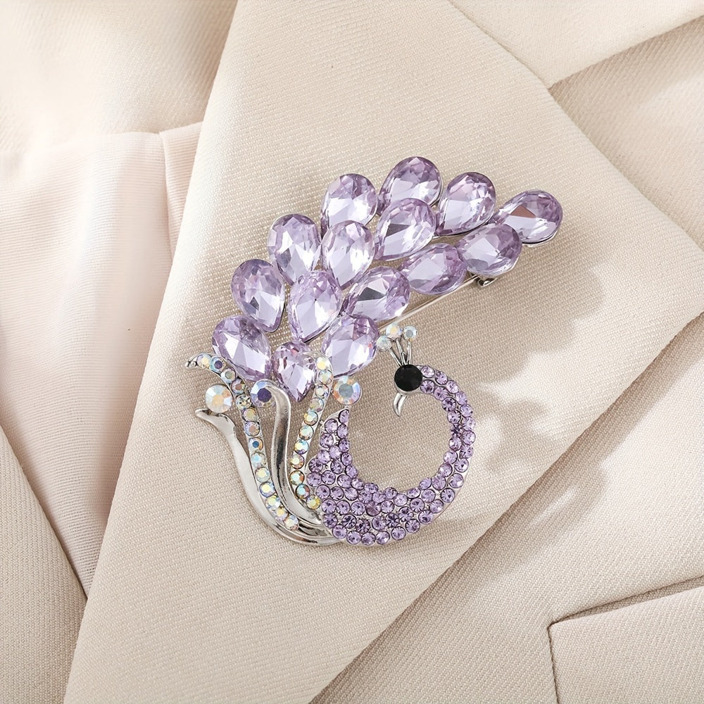 Purple Crystal Brooch Pin with Peacock Design Rhinestones for Women