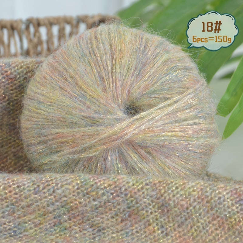 6-to'plam mohir paxta mohair ipi, tikish va makrame uchun, ko'p rangli gradient, 150G