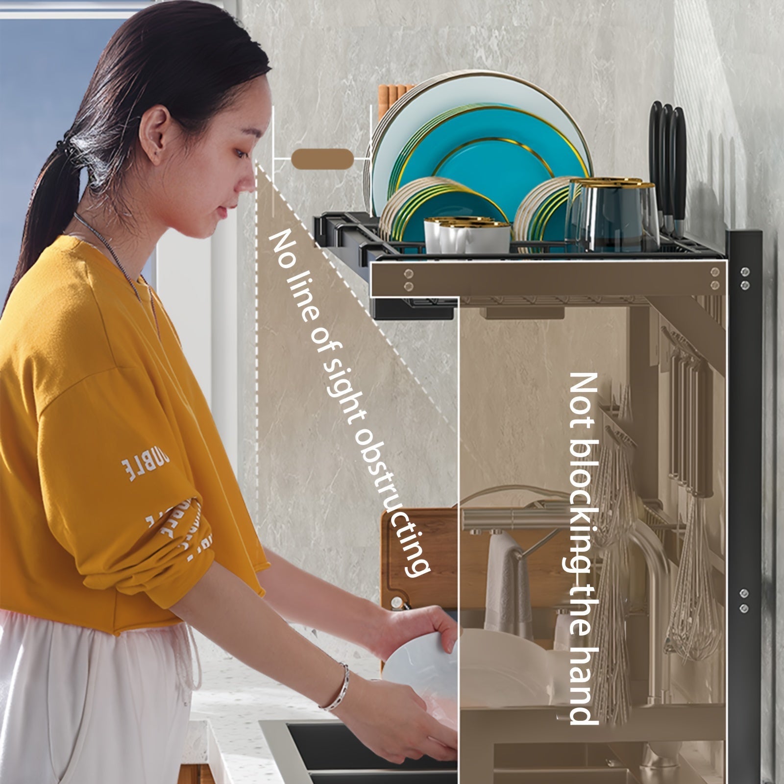 Large Black Metal Dish Drying Rack Over Sink with Detachable Shelf and Utensil Holder