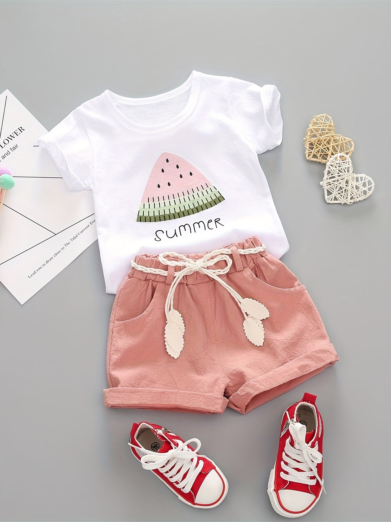 Girls Summer Outfit Watermelon Print Cotton Short Sleeve T-Shirt and Casual Shorts Set