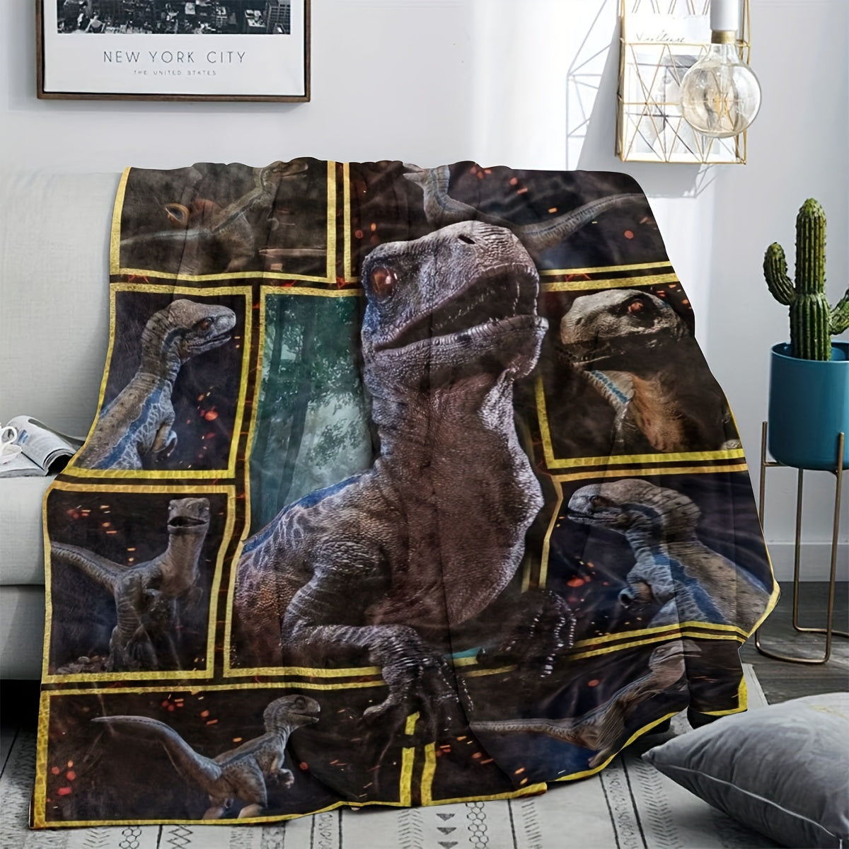 Plush Throw Blanket Geometric Dinosaur Pattern Polyester All-Season