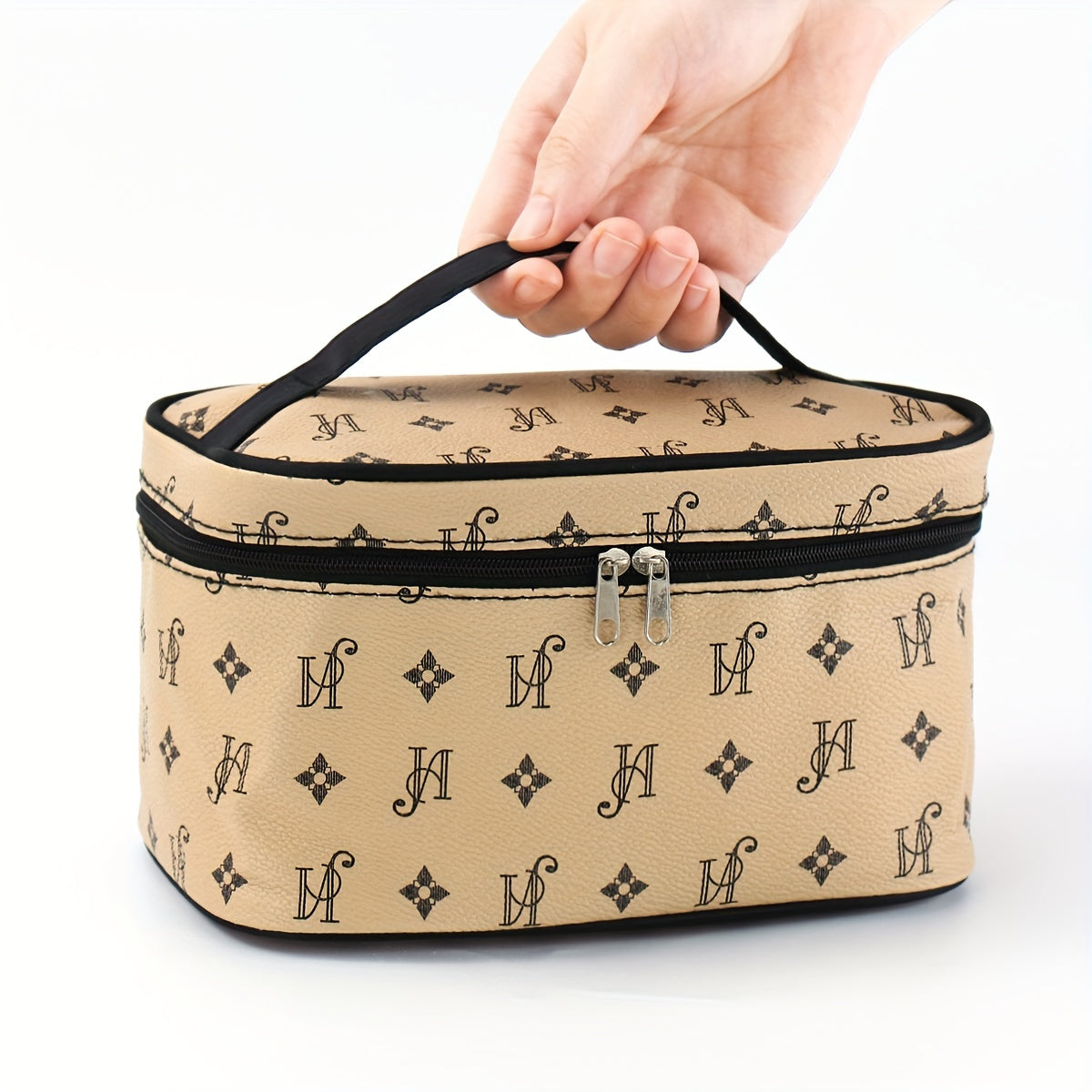 Minimalist Beige Synthetic Leather Makeup Bag with Black Handles and Zippers